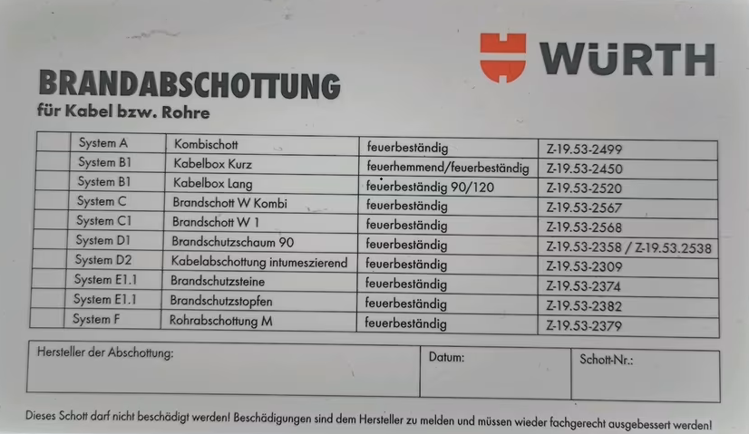 Kennzeichnung einer Brandschottung mit System- und Zulassungsangaben