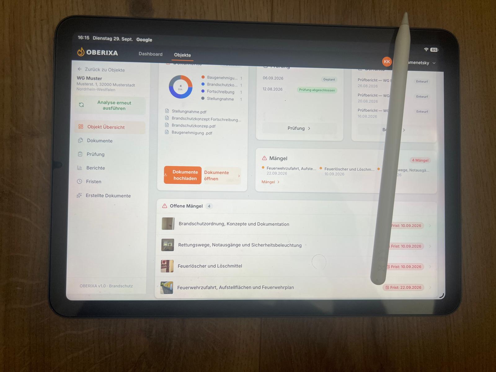 OBERIXA Brandschutzmanagement auf einem Tablet